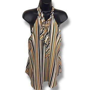 Large Tempted Los Angeles Striped Neck Bow Sleeveless Blouse Stretch Teal Black